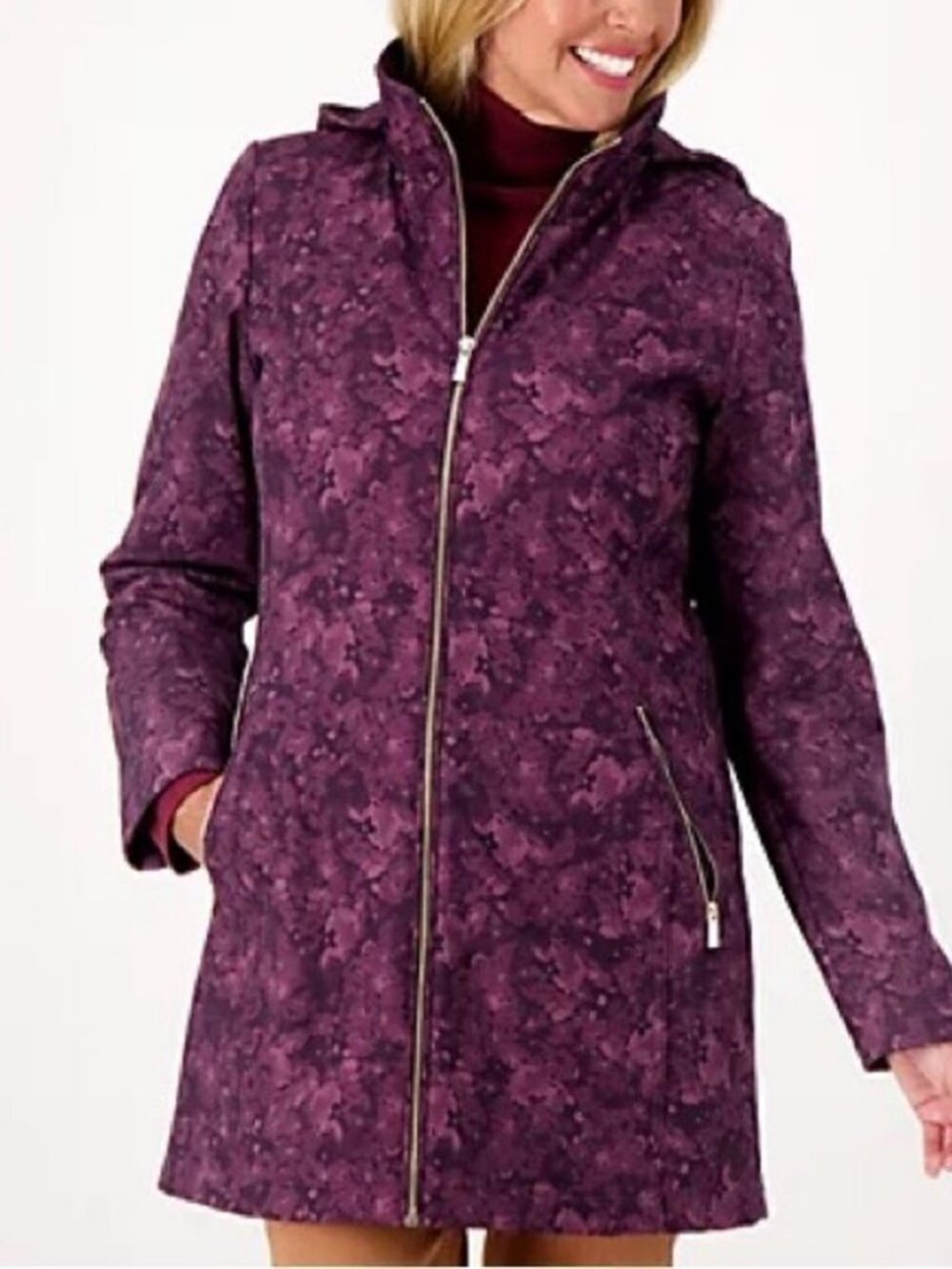 Dennis Basso Detachable Hood Printed V-Luxe Jacket